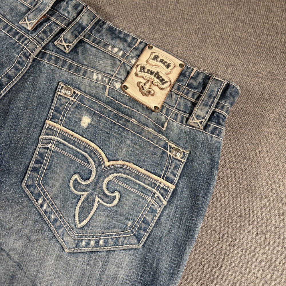 Y2K Rock Revival Curtis Straight Jeans Mens 40x33 Blue Distressed Retro RRJ8626